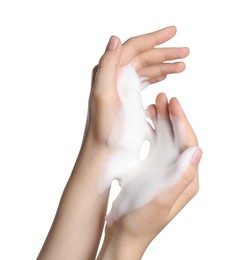 Woman with cleansing foam on white background, closeup