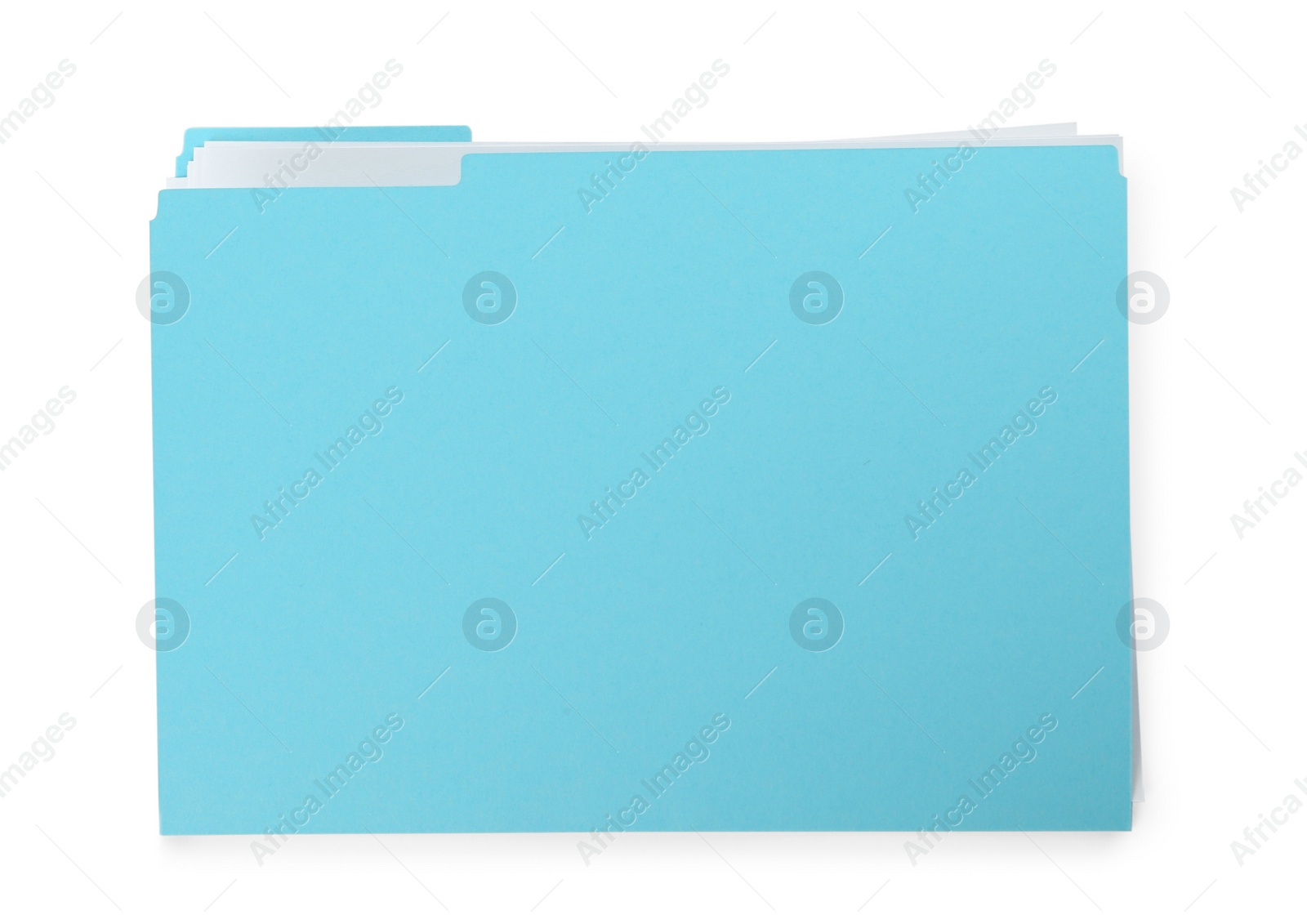 Photo of Light blue file with documents isolated on white, top view