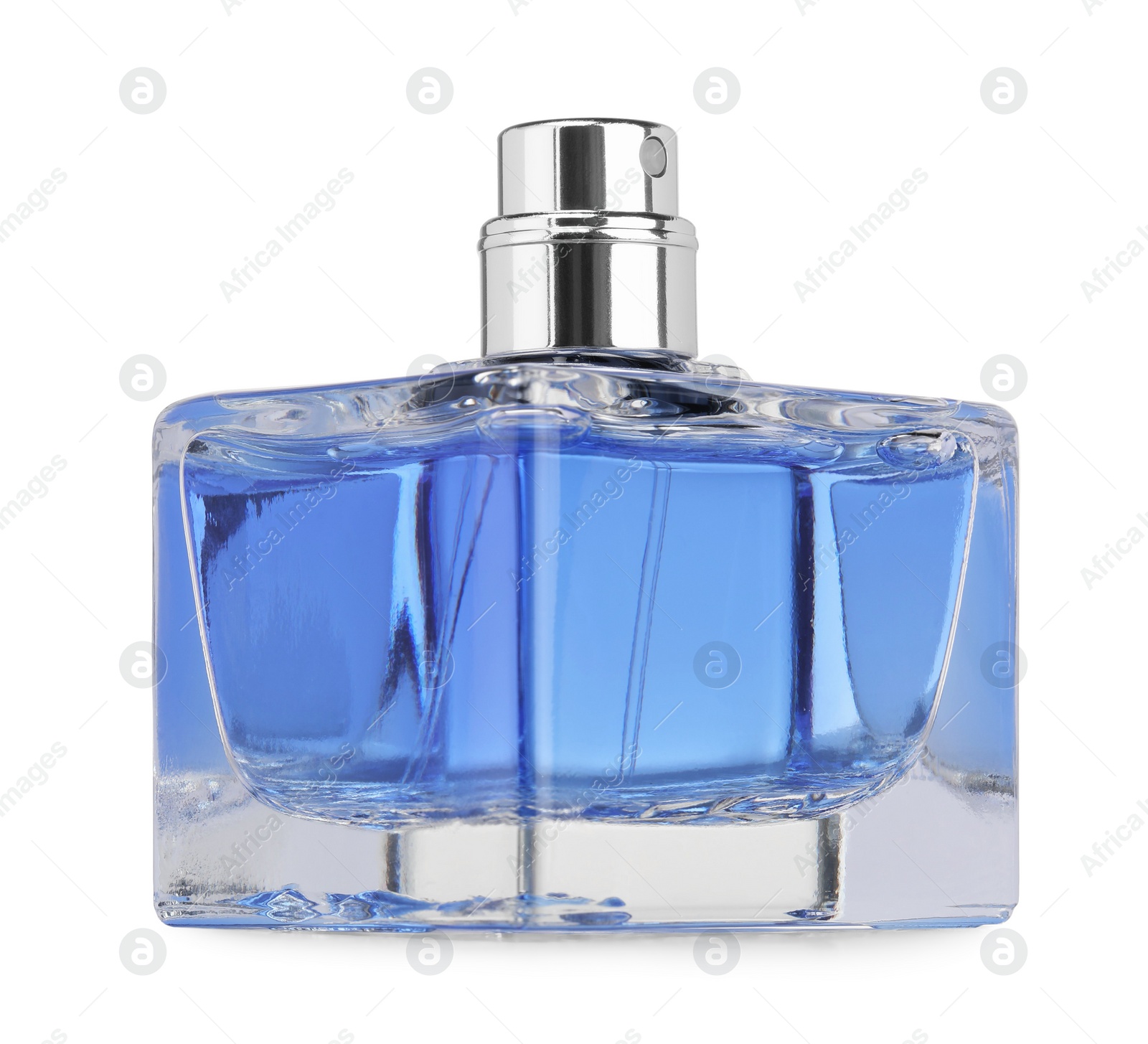 Photo of Blue men perfume in glass bottle isolated on white