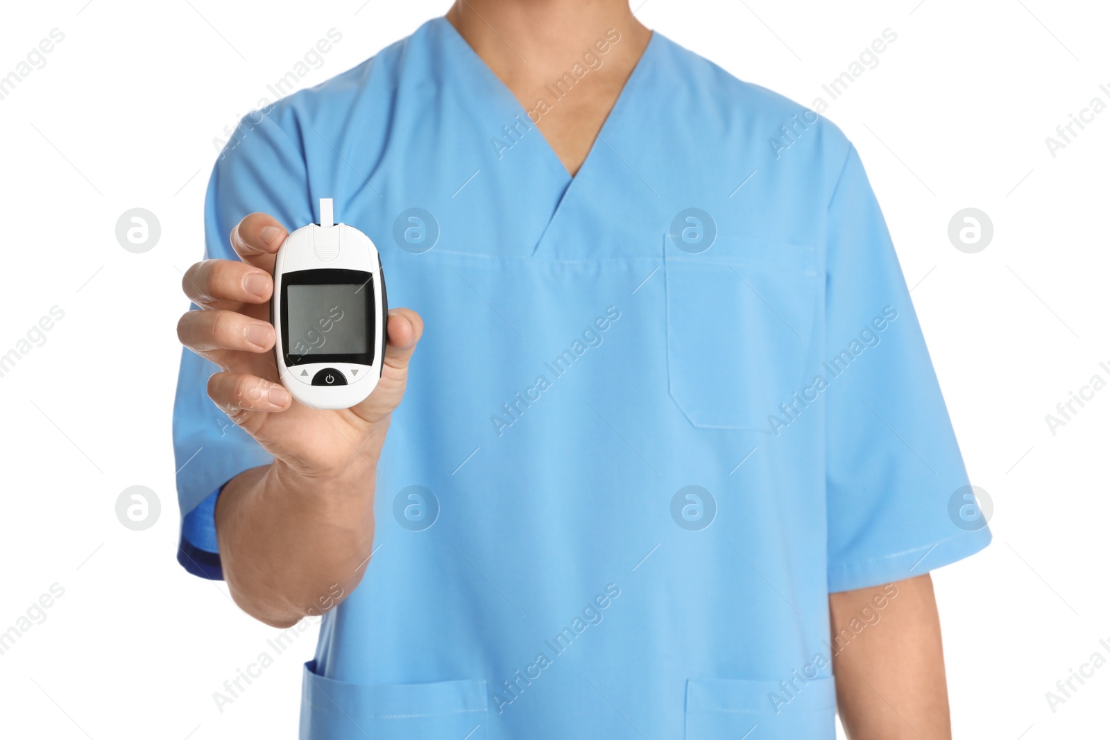 Photo of Male doctor holding glucose meter on white background, closeup. Medical object