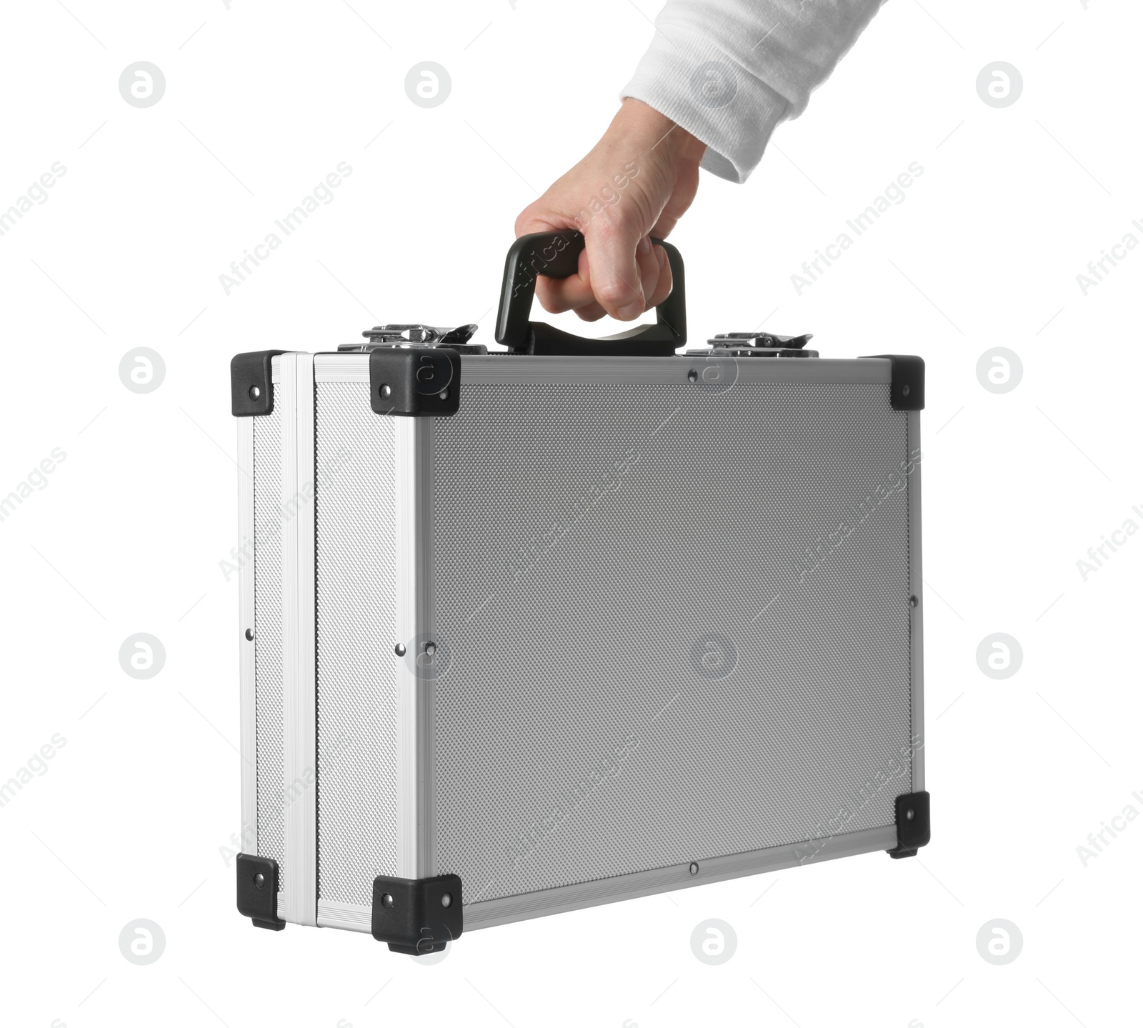 Photo of Man holding hard case isolated on white, closeup