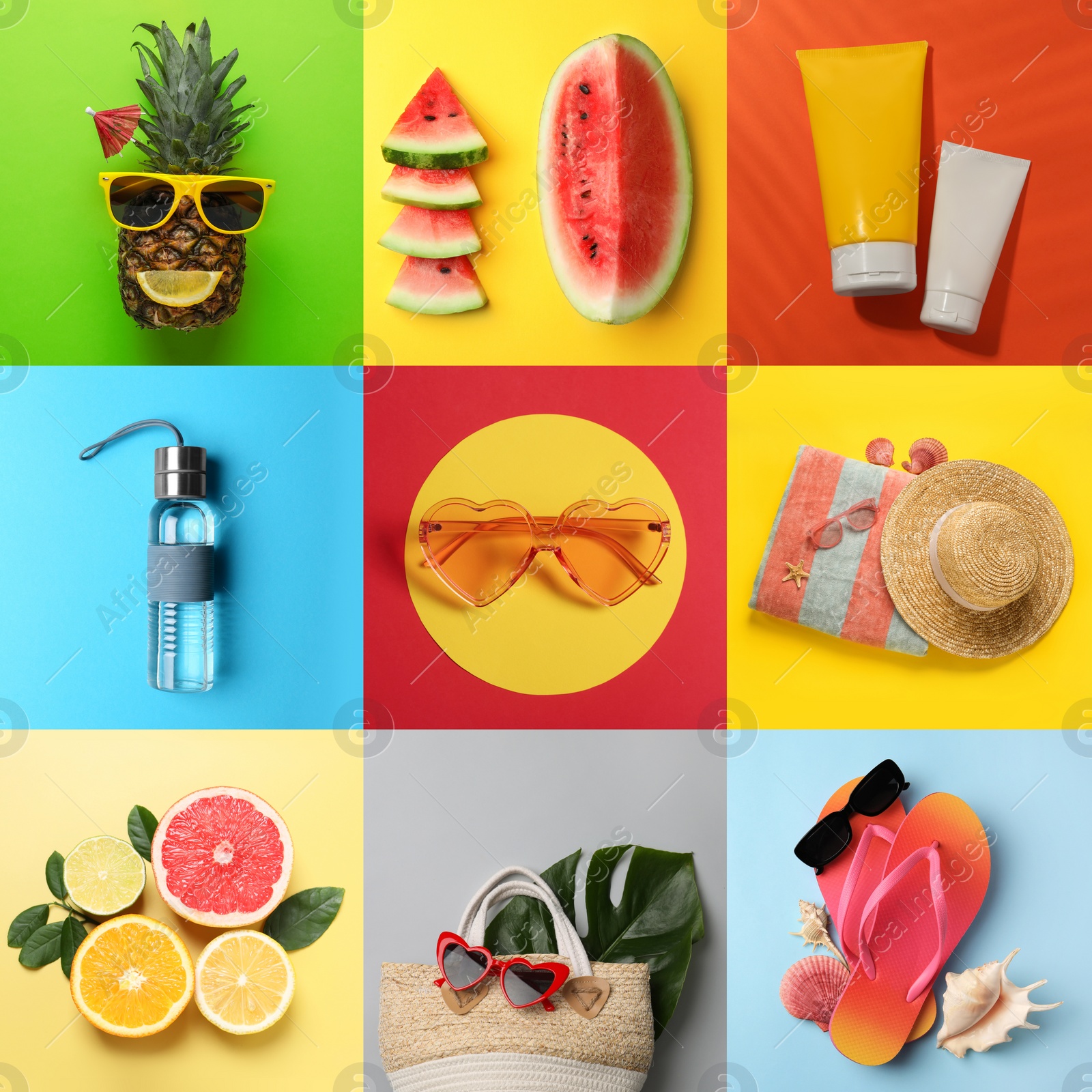 Image of Collage with fruits and beach accessories. Summer time