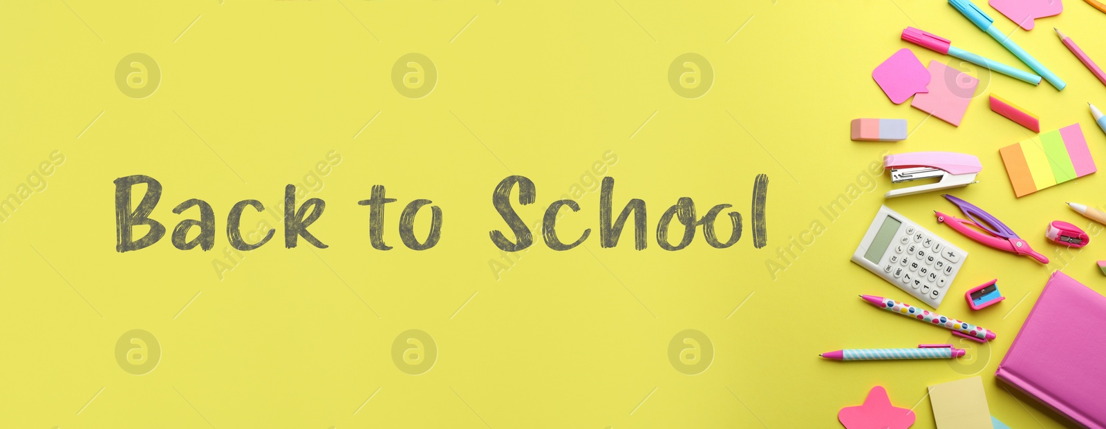 Image of Text Back To School and different stationery on yellow background, flat lay. Banner design 