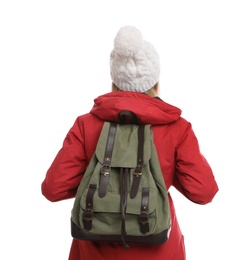 Woman with backpack on white background, back view. Winter travel