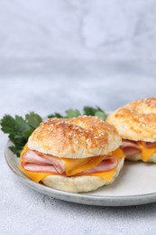 Photo of Delicious bagels with ham and cheese on light table