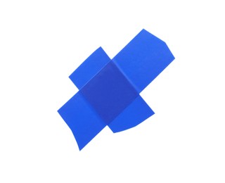 Photo of Crossed pieces of blue insulating tape on white background, top view