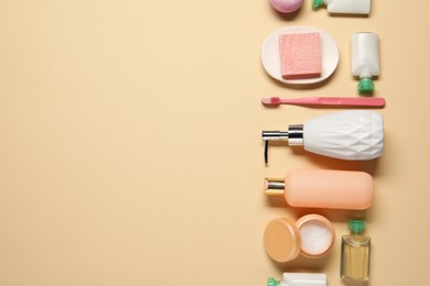 Bath accessories. Flat lay composition with personal care products on beige background, space for text