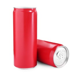 Energy drinks in red aluminum cans on white background