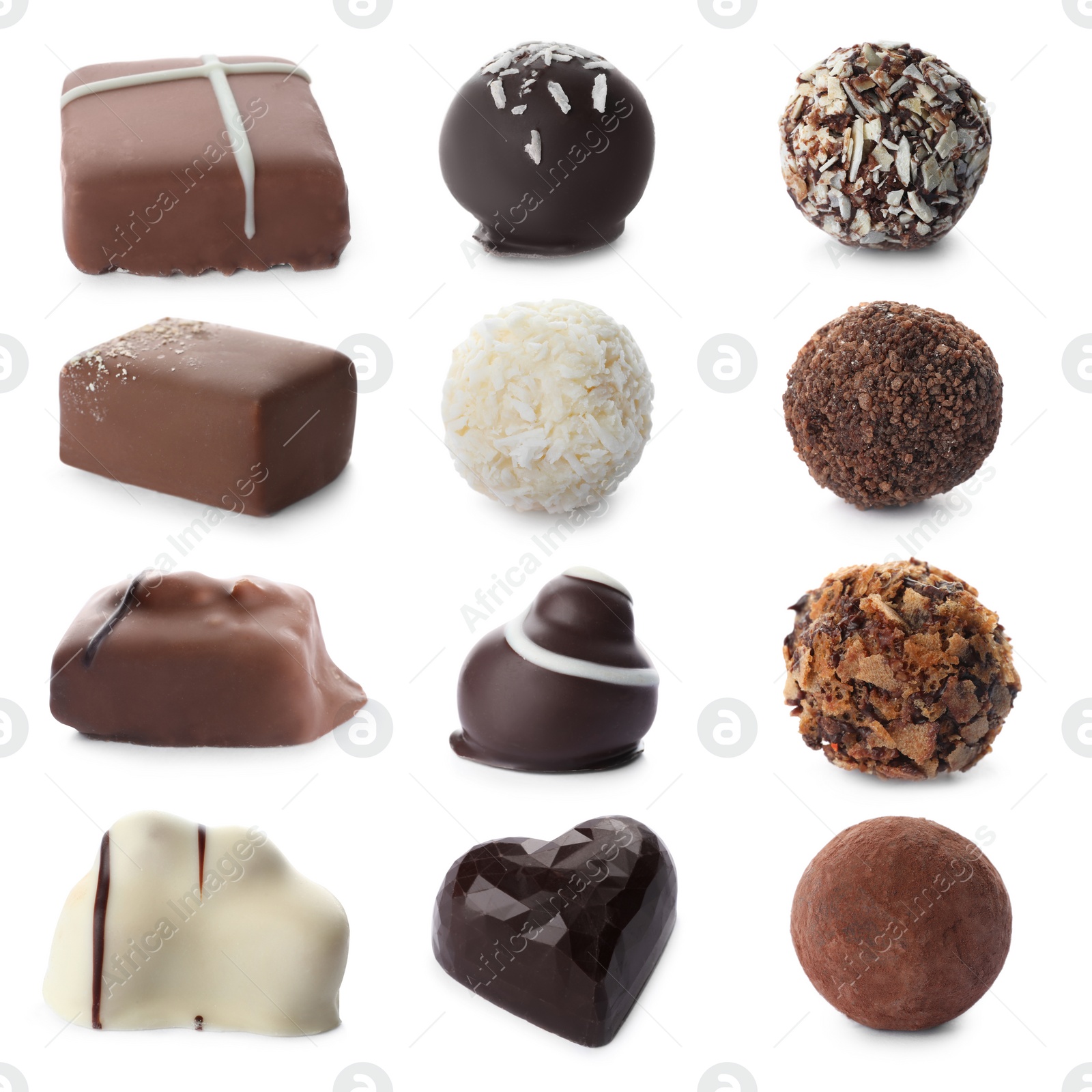 Image of Delicious chocolate candies isolated on white, set