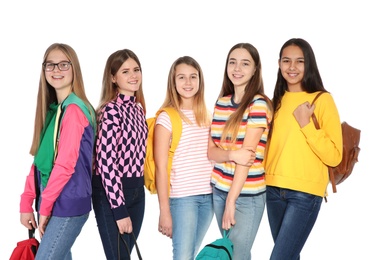 Photo of Group of teenagers on white background. Youth lifestyle and friendship