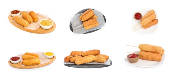 Image of Set with delicious deep fried corn dogs on white background. Banner design 