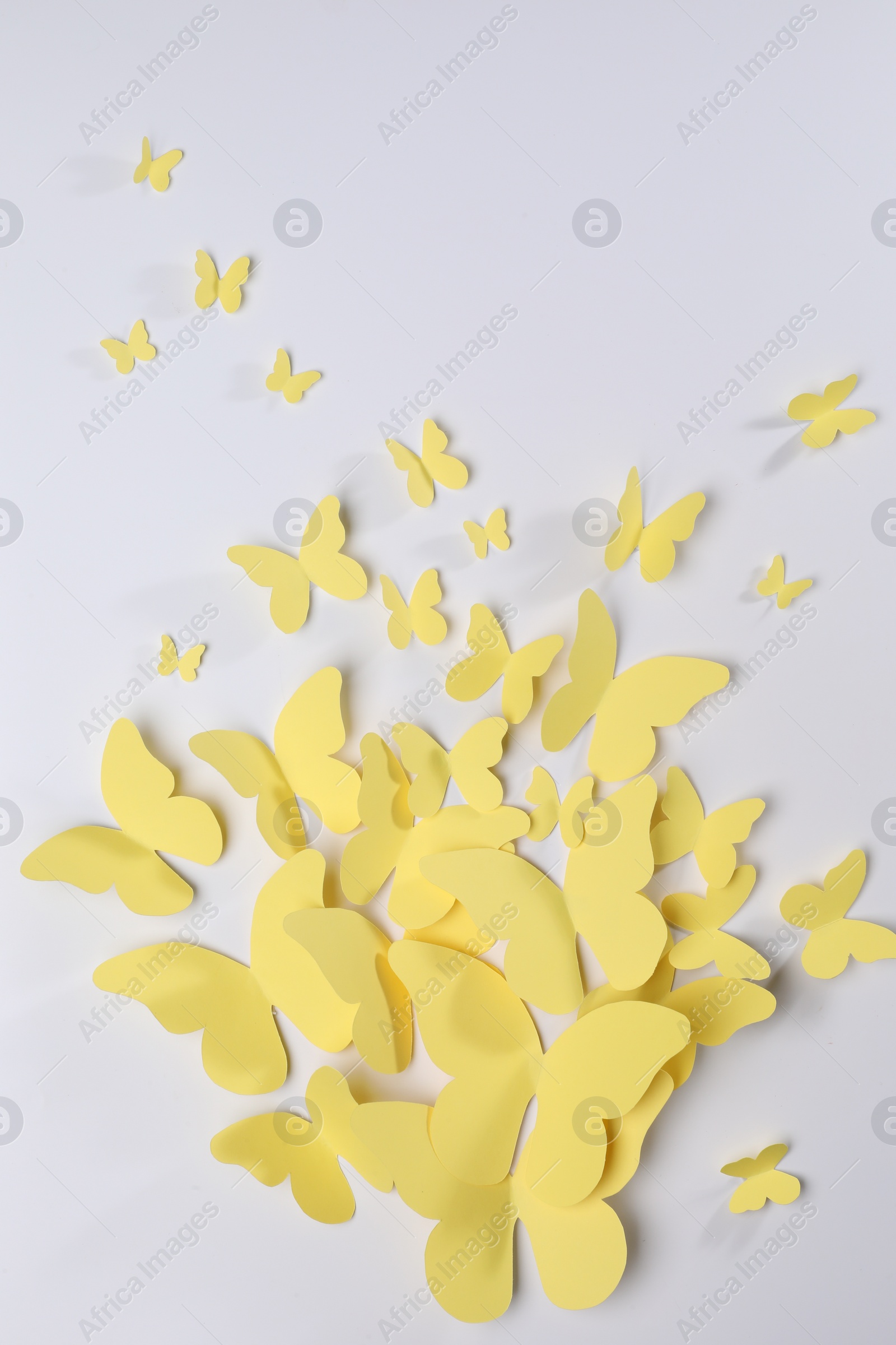 Photo of Yellow paper butterflies on white background, top view