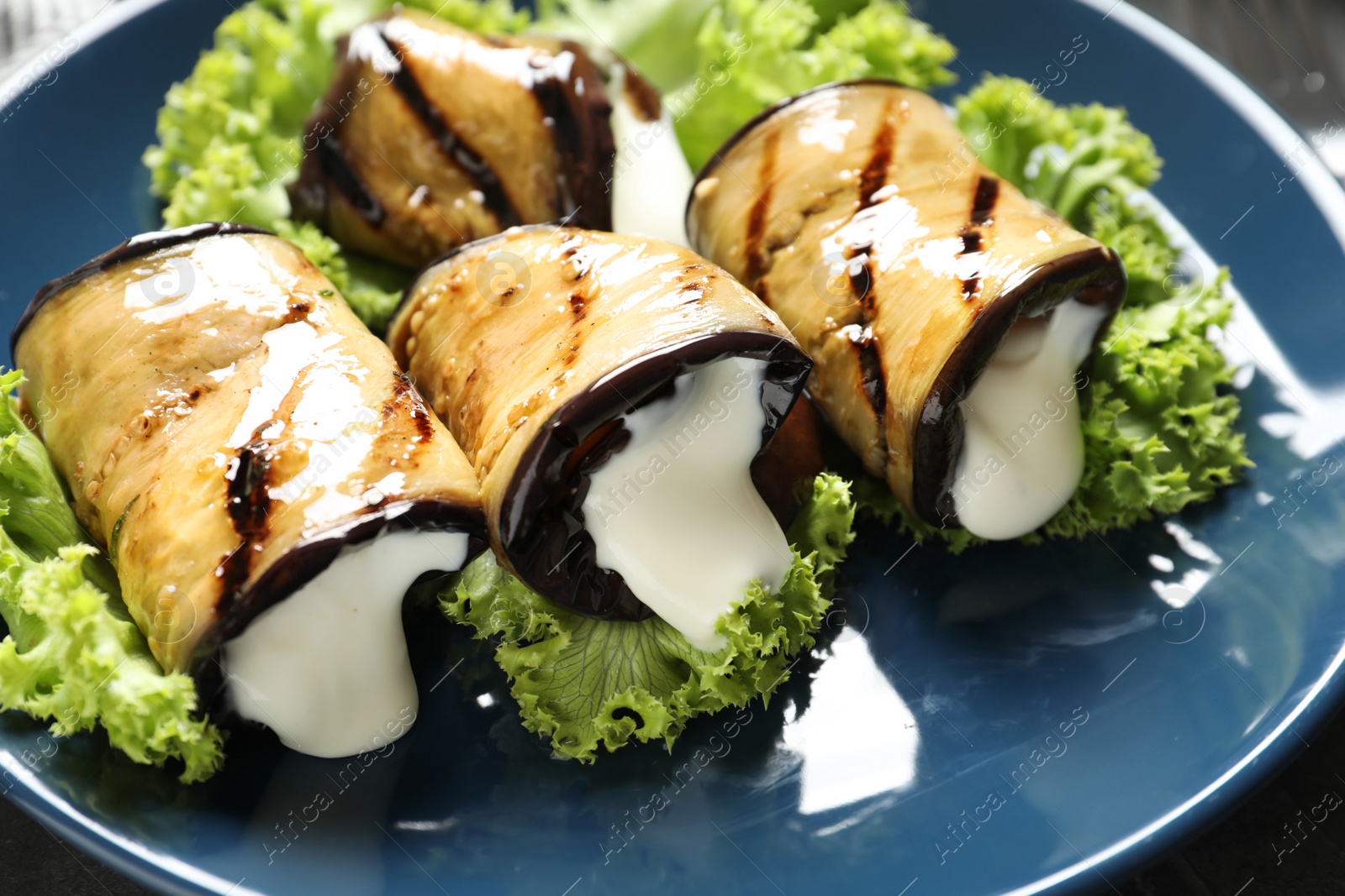 Photo of Plate with tasty fried eggplant rolls, closeup