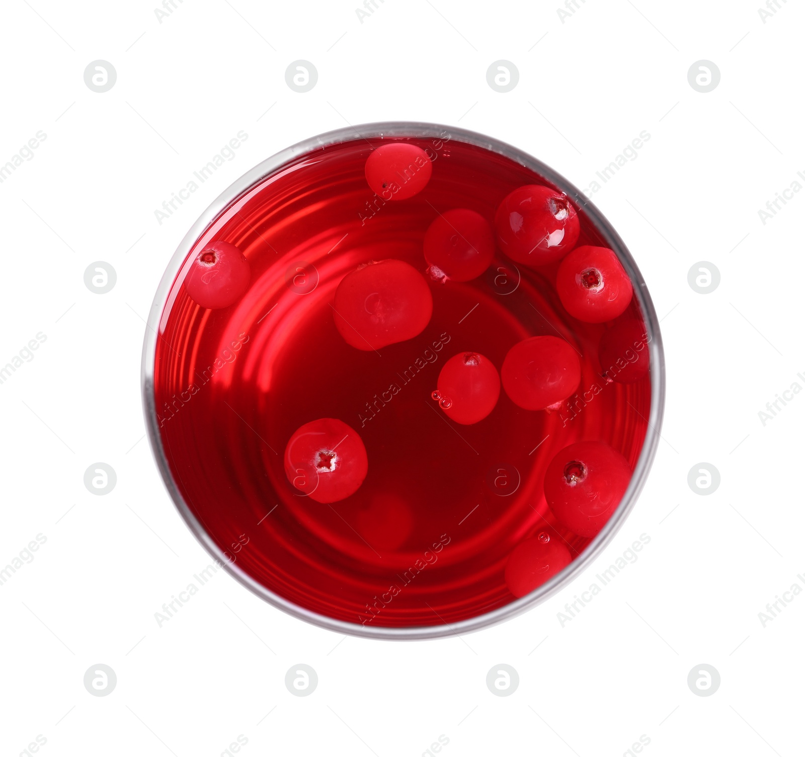 Photo of Tasty cranberry juice in glass and fresh berries isolated on white, top view