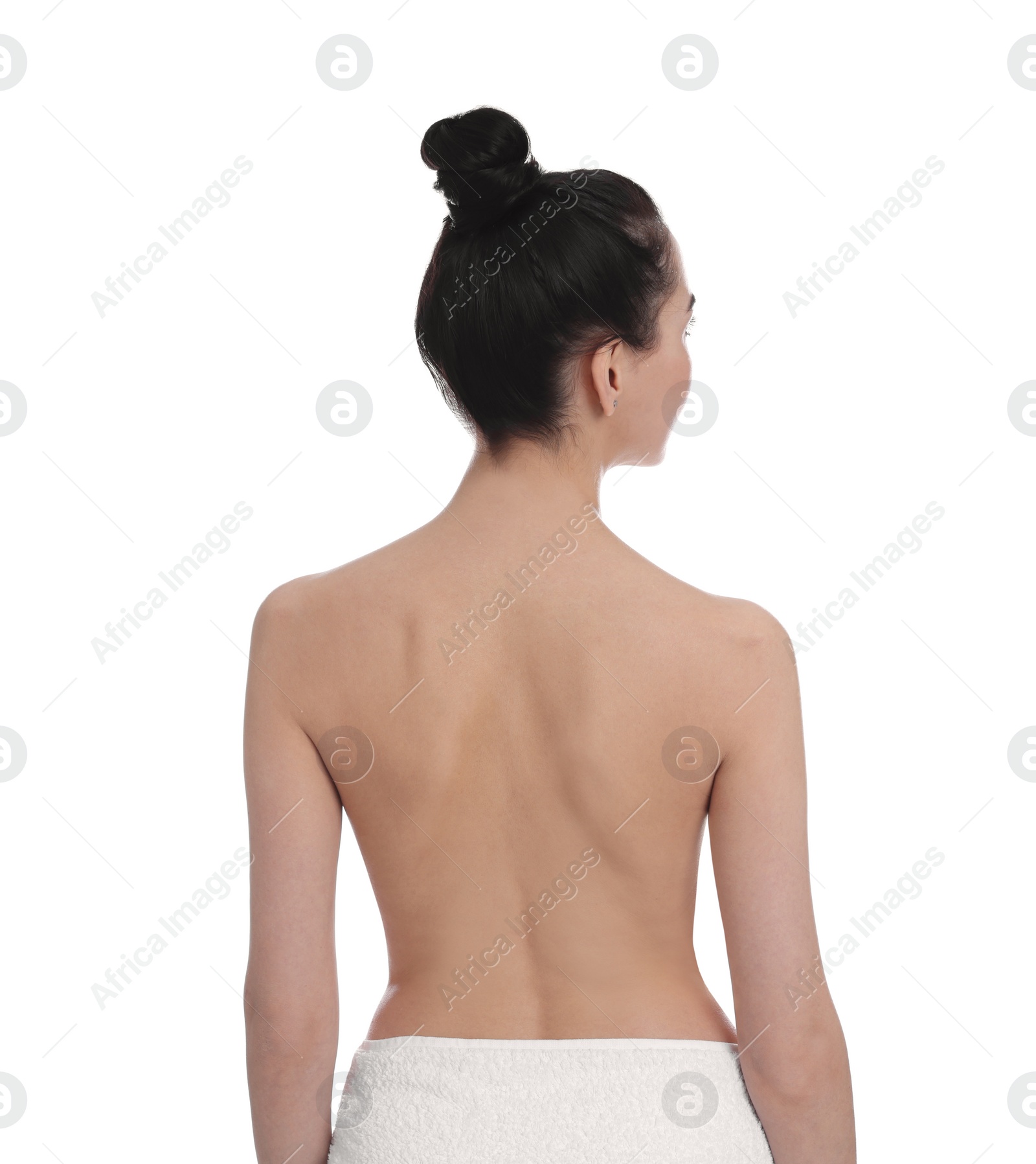 Photo of Back view of woman with perfect smooth skin on white background