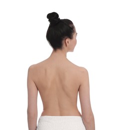 Photo of Back view of woman with perfect smooth skin on white background