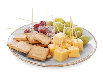 Photo of Toothpick appetizers. Tasty cheese, sausage, crackers and grapes on white background