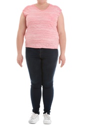 Overweight woman on white background, closeup. Weight loss