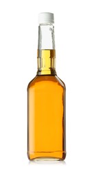 Photo of Whiskey in glass bottle isolated on white