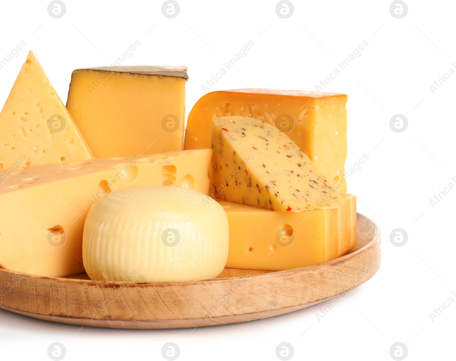 Photo of Wooden plate with different kinds of cheese on white background