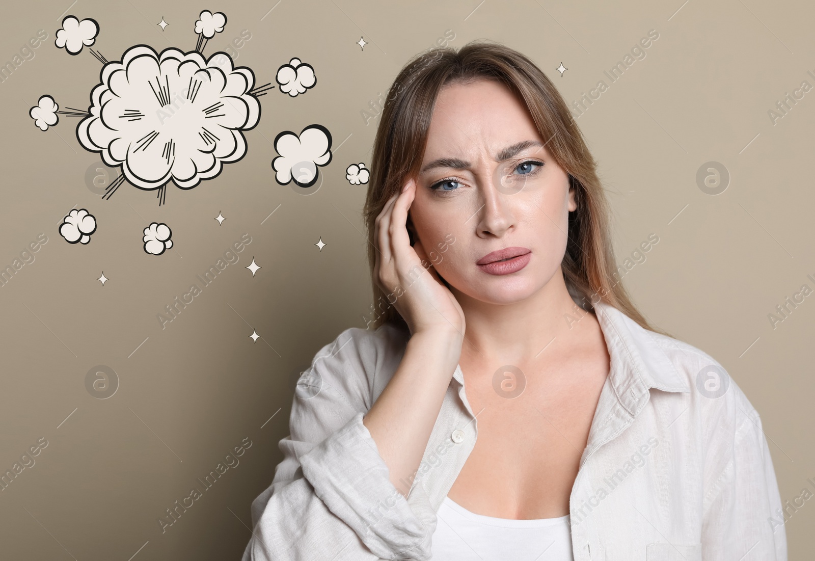 Image of Young woman having headache on beige background. Illustration of explosion representing severe pain