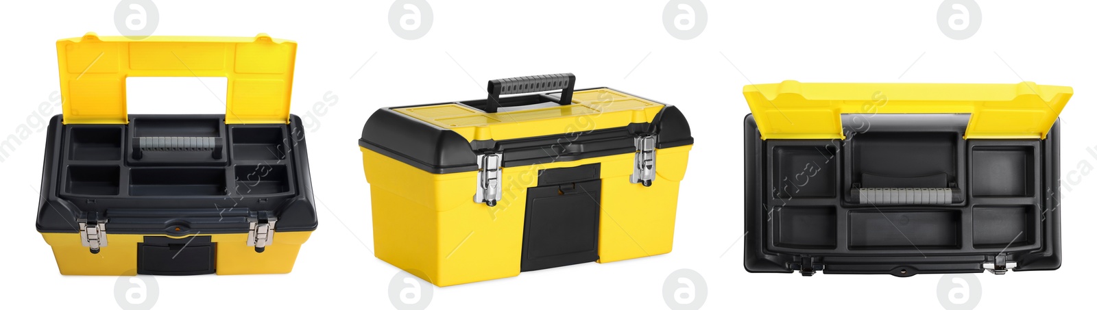 Image of Set of plastic box for tools on white background, top and side views