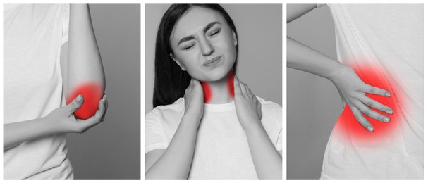 Women suffering from rheumatism, black and white effect with red accent. Collage of photos, banner design