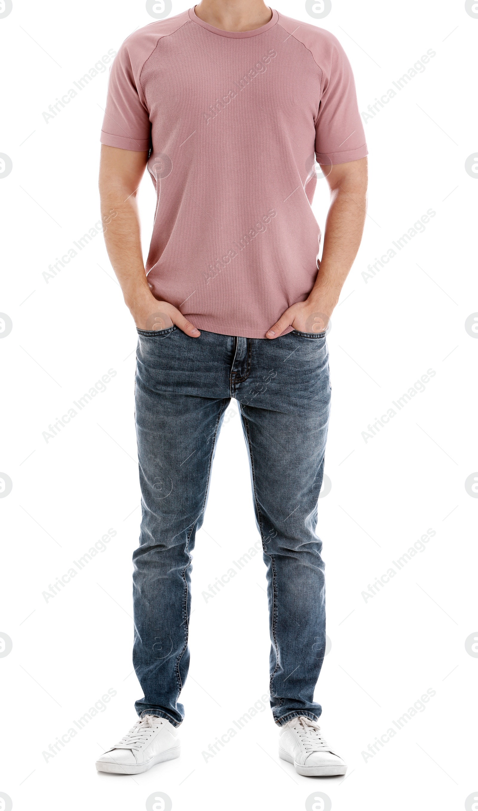 Photo of Young man on white background, closeup. Weight loss