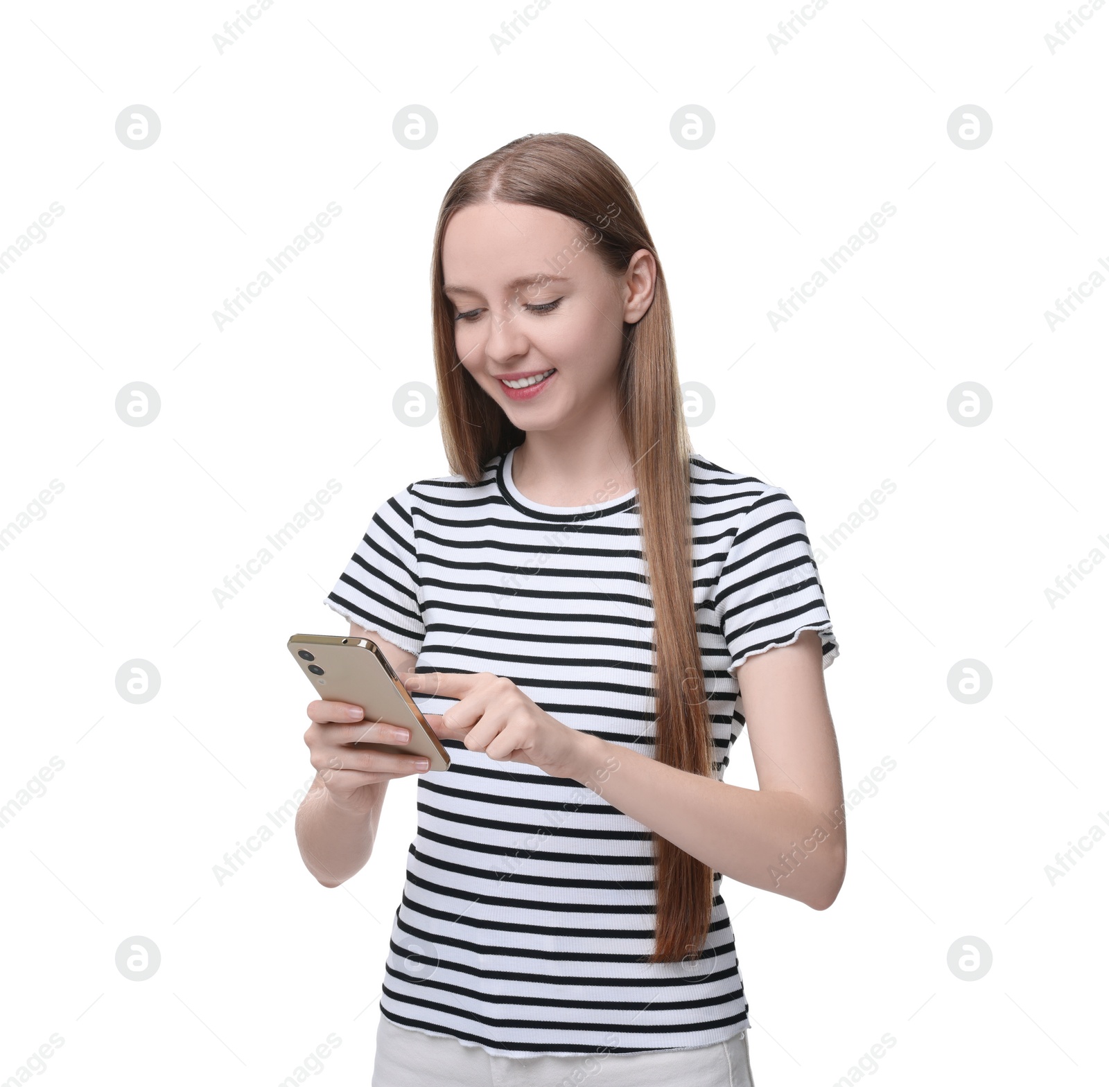 Photo of Woman sending message via smartphone isolated on white