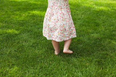 Photo of Little girl learning to walk on green grass outdoors, closeup
