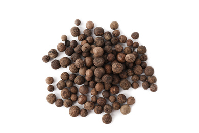 Photo of Black pepper grains on white background, top view