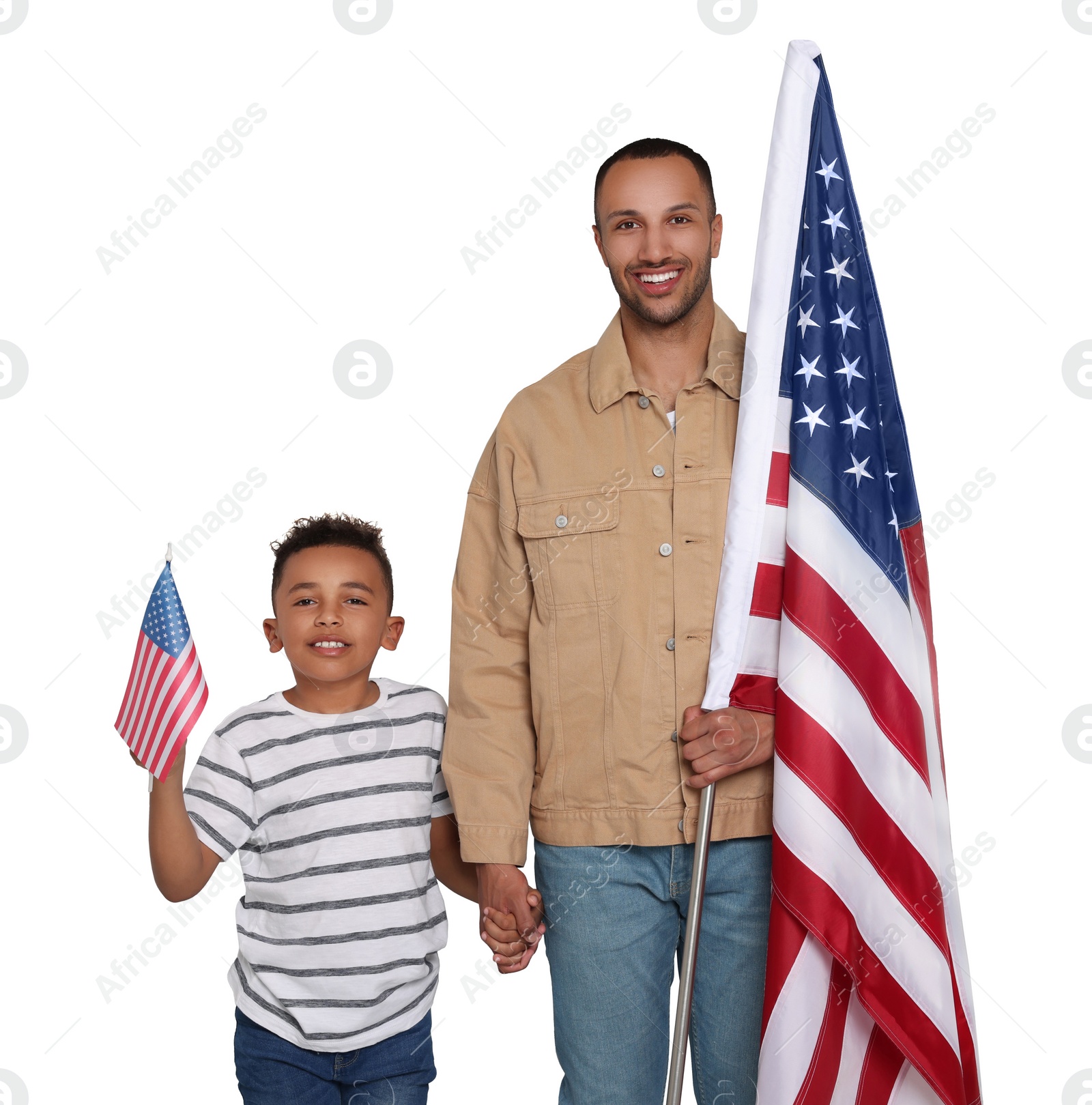 Image of 4th of July - Independence day of America. Happy man and his son with national flags of United States on white background