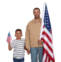 4th of July - Independence day of America. Happy man and his son with national flags of United States on white background