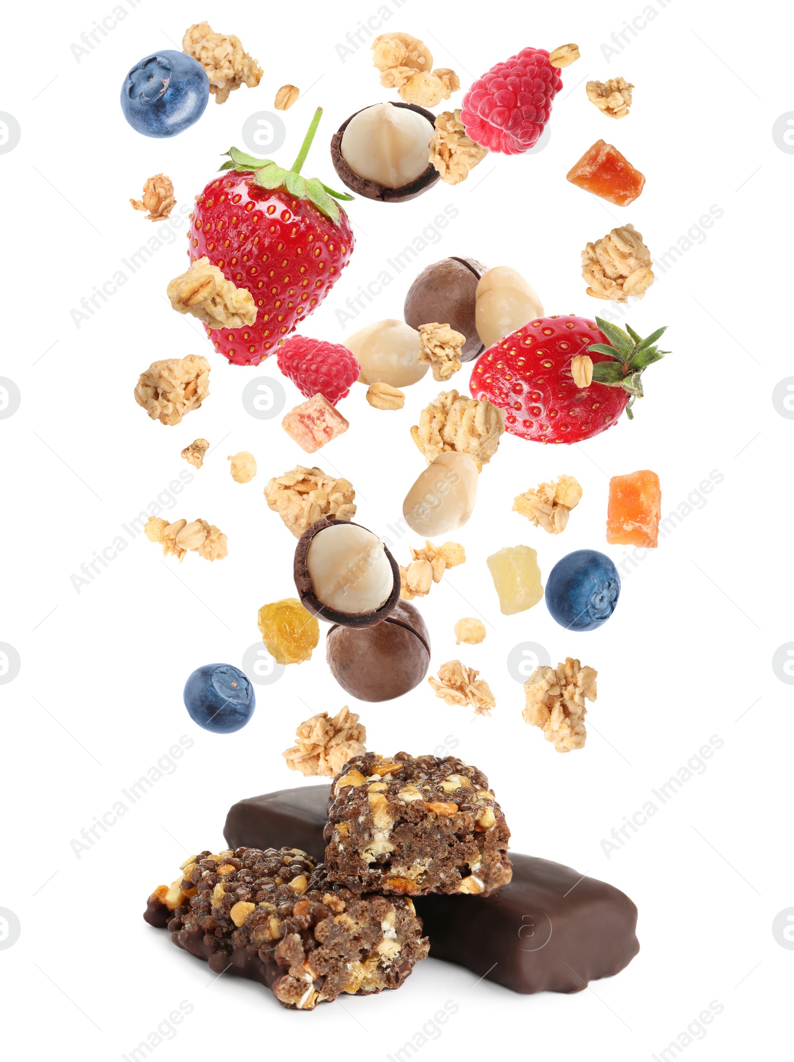 Image of Tasty protein bars and granola with berries and nuts falling on white background