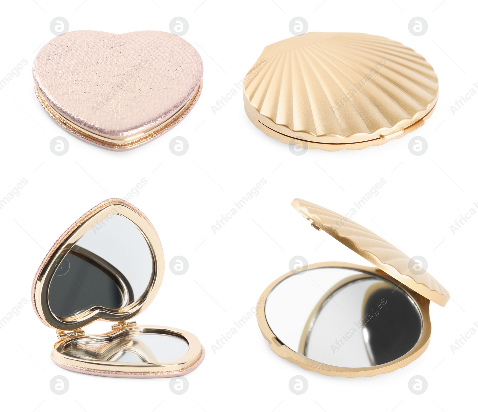 Image of Set with stylish pocket mirrors on white background 