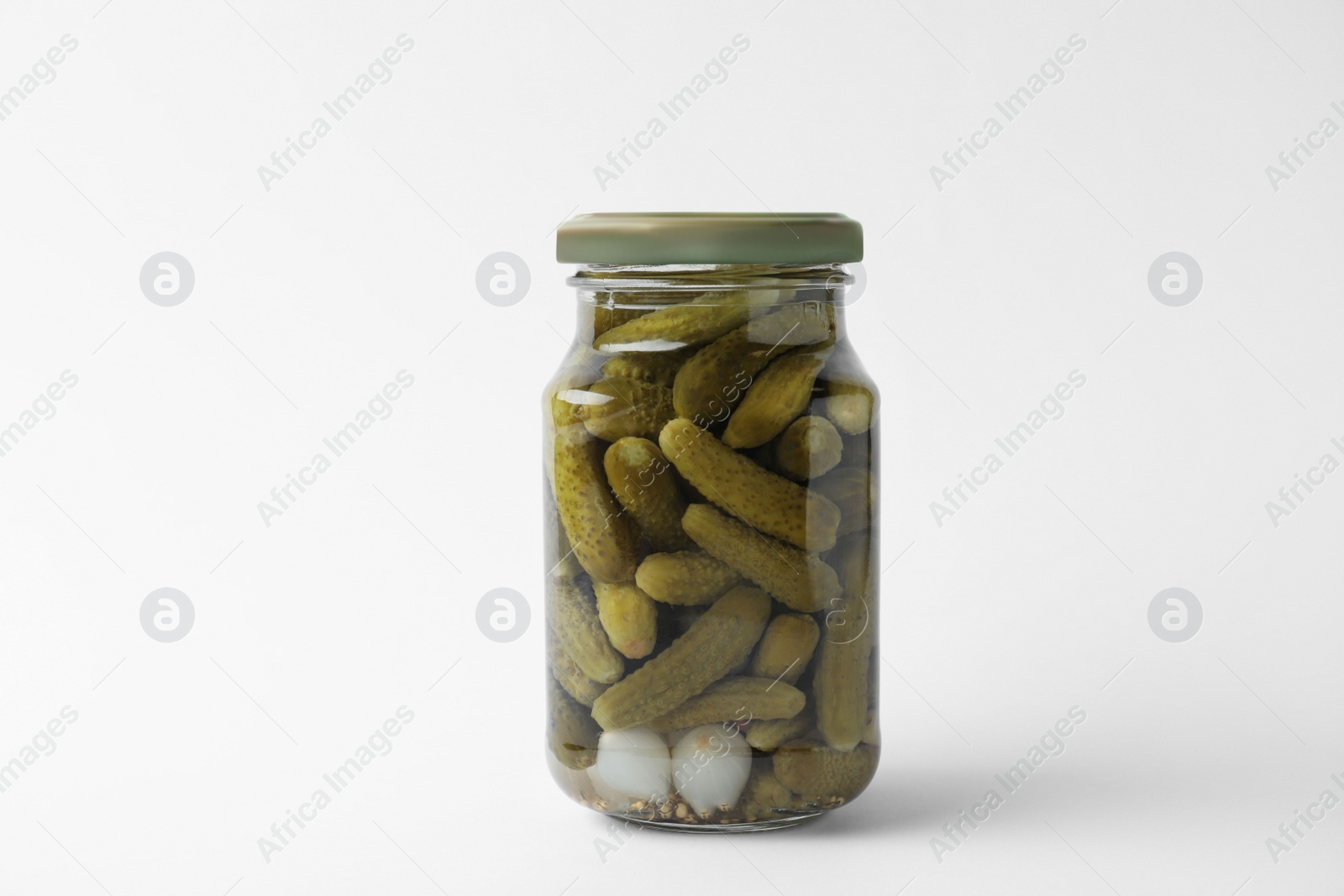 Photo of Jar with pickled gherkins on white background