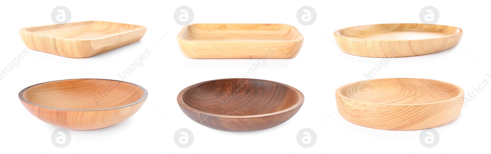 Image of Set with empty wooden plates on white background. Banner design