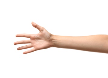 Photo of Young woman reaching hand for shake on white background, closeup