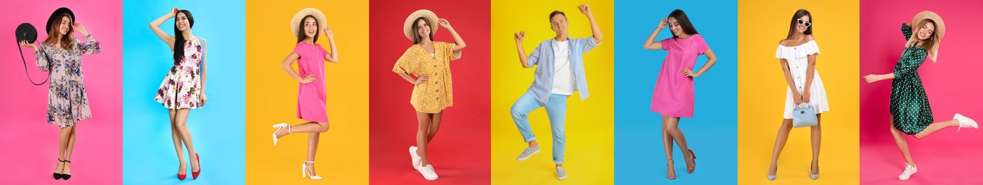 Collage with photos of people wearing trendy clothes on different color backgrounds