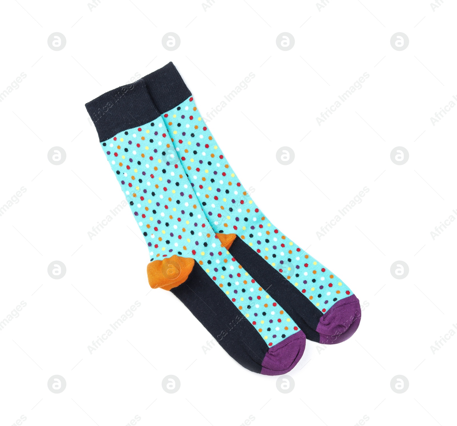 Photo of Colorful socks on white background, top view