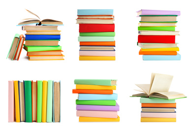 Image of Set of different bright hardcover books on white background