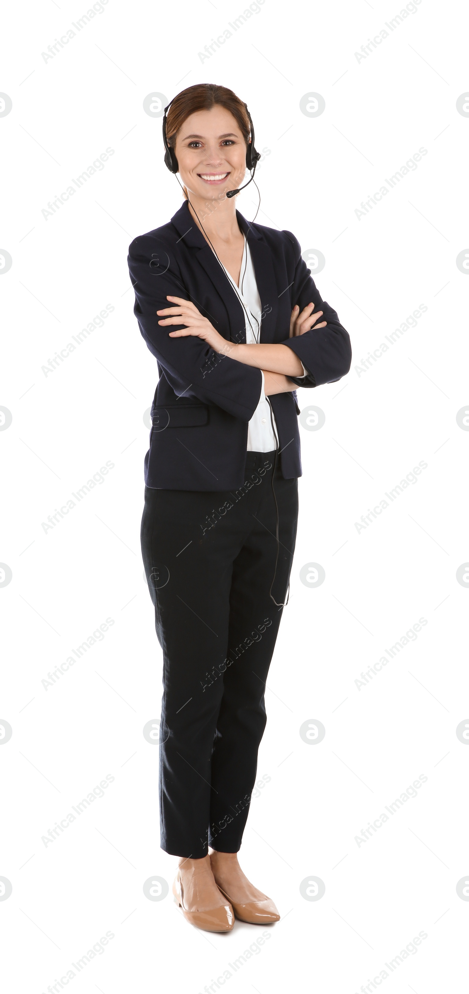 Photo of Female technical support operator with headset isolated on white