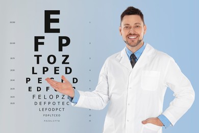 Image of Vision test. Ophthalmologist or optometrist pointing at eye chart on white and blue gradient background