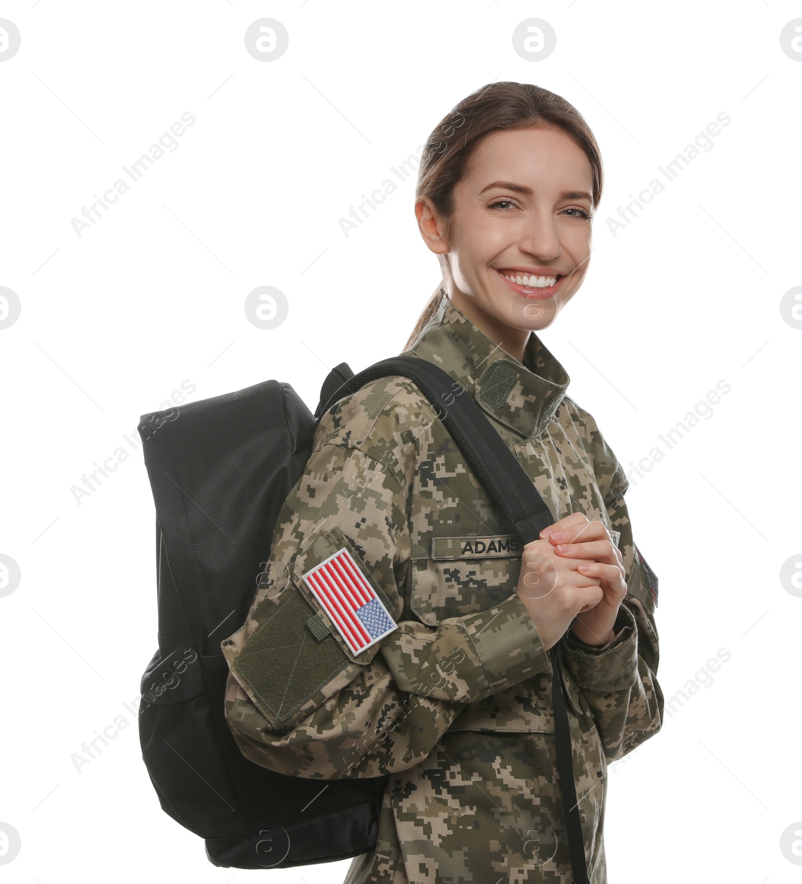 Photo of Female cadet with backpack isolated on white. Military education