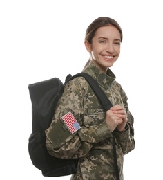 Photo of Female cadet with backpack isolated on white. Military education