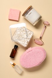 Bath accessories. Flat lay composition with personal care products on beige background