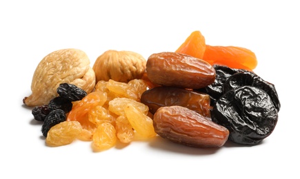 Photo of Different dried fruits on white background. Healthy lifestyle