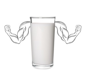 Image of Glass of milk with illustration of bodybuilder's arms on white background