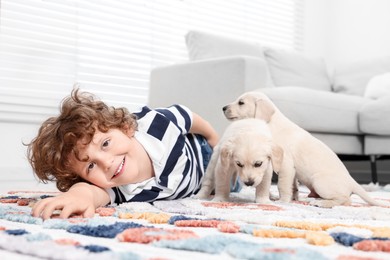 Little boy with cute puppies on carpet at home