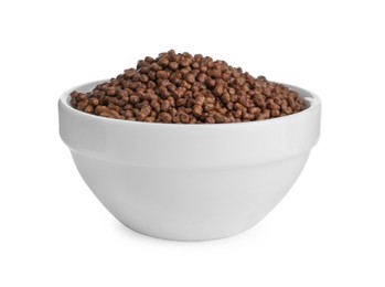 Photo of Buckwheat tea granules in bowl on white background